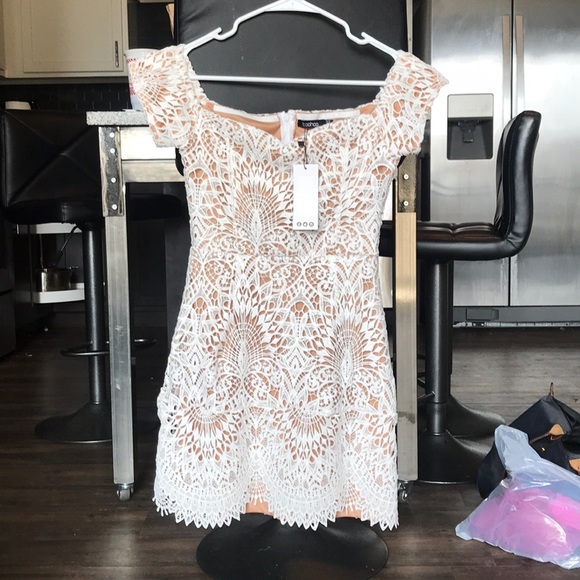 boohoo lace overlay bardot dress